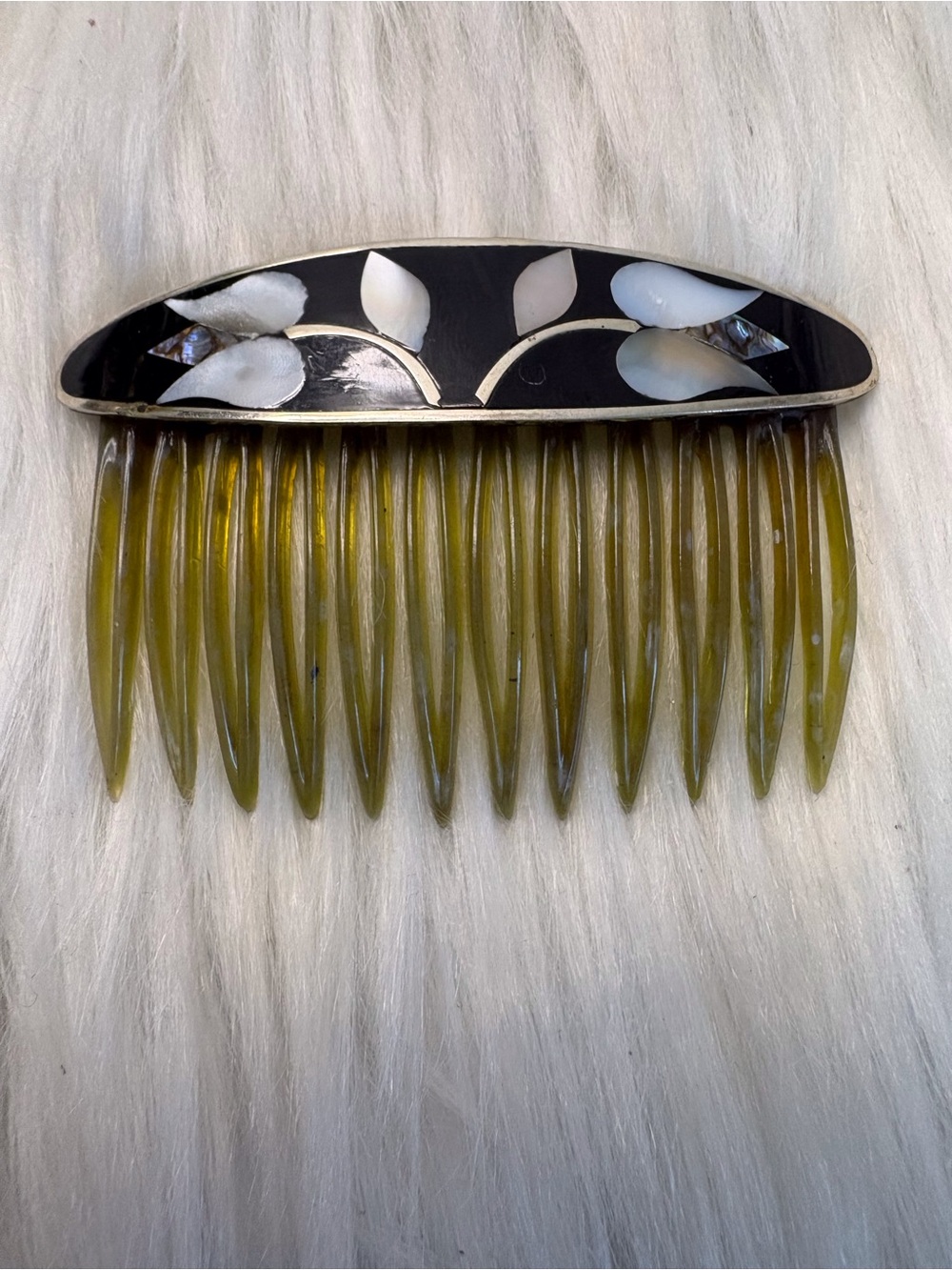 Vintage Sterling Silver Floral Shell Inlay Decorative Hair Comb
